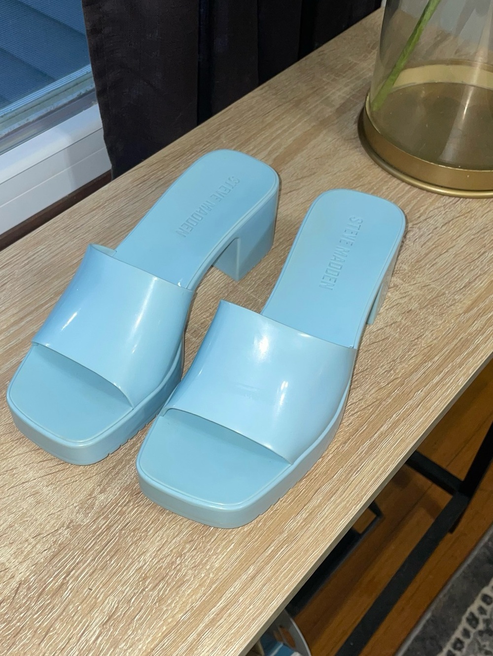 Steve Madden Glossy Light Blue Platform Slide Mules